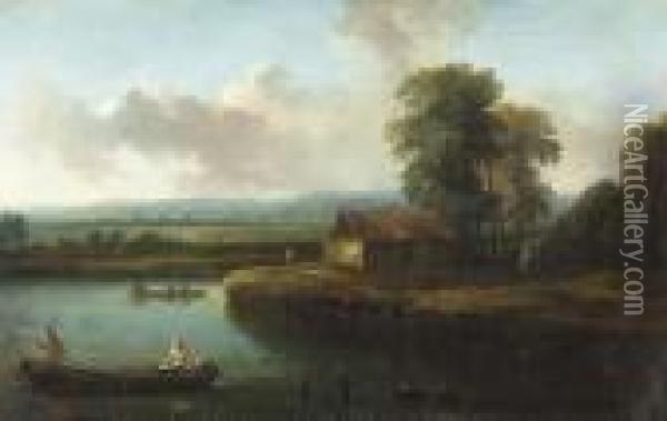 A River Landscape With Peasants In Boats Oil Painting - Christian Hilfgott Brand