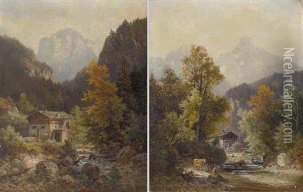 Muhlen Am Gebirgsbach (2 Works) Oil Painting - Ludwig Sckell