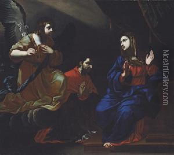 The Annunciation With Saint Charles Borromeo Oil Painting - Nicolas Mignard