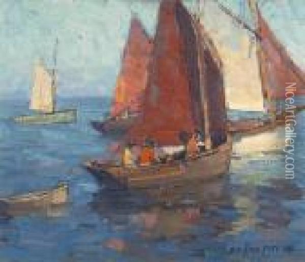 Figures In Sailboats On Calm Waters Oil Painting - Edgar Alwin Payne