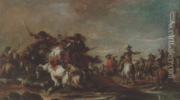 A Cavalry Skirmish - Sounding The Bugle Oil Painting - Francesco Simonini