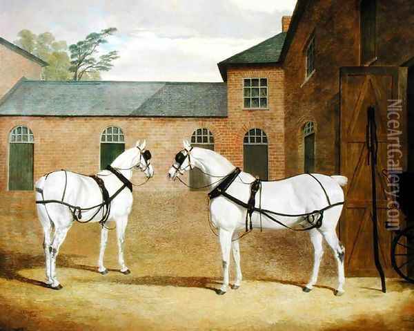 Mr. Sowerby's Grey Carriage Horses in his Coachyard at Putteridge Bury, Hertfordshire, 1836 Oil Painting - John Frederick Herring Snr
