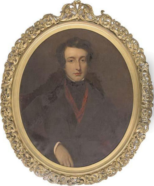 Portrait Of Edward Conroy (1809-1827), Half-length, In A Black Coat And Red Scarf Oil Painting - Frederick Yeates Hurlstone
