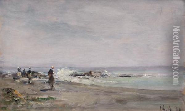 Figure Sulla Spiaggia Di Bordighera Oil Painting - Carlo Follini