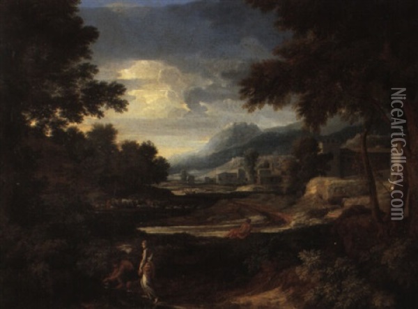 Italianate Landscape Scene With Two Figures Near A Stream Oil Painting - Gaspard Dughet
