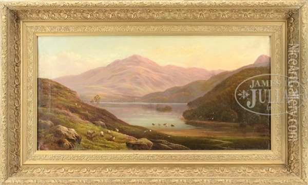 Cows & Sheep With Mountain Lake Oil Painting - Alfred Augustus Glendening Sr.