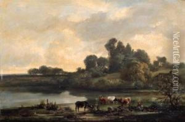 A Drover Watering Cattle In A Wooded Landscape Oil Painting - Alexandre Dubuisson
