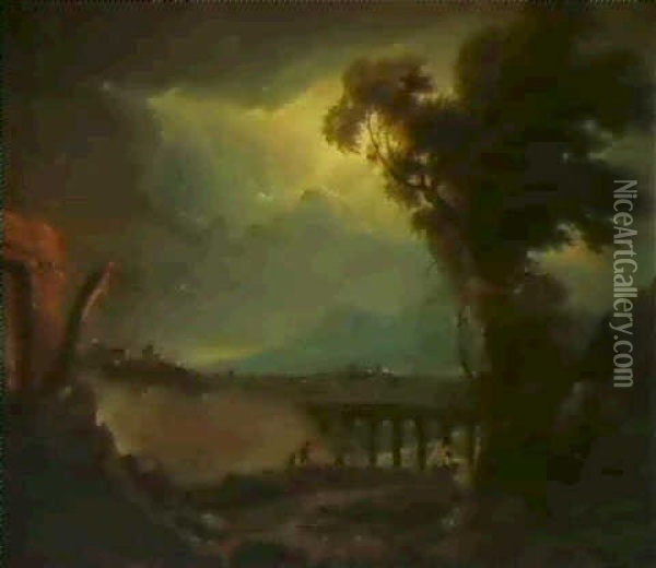 Italianate Landscape By Moonlight With A Viaduct In The     Foreground Oil Painting - James Forrester
