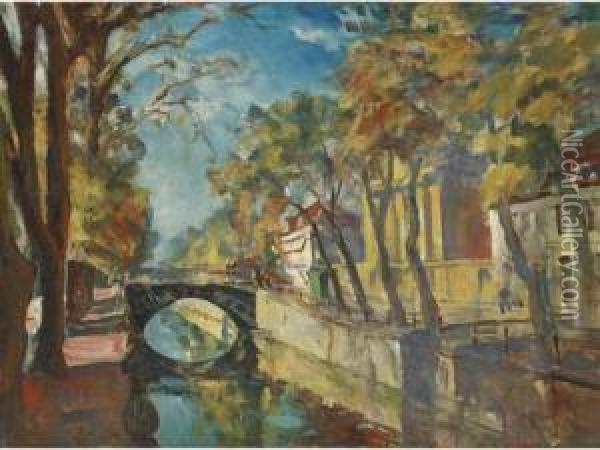 A Dutch Canal Oil Painting - Ulrich Hubner