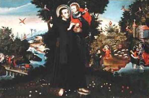 St John of God 1495-1550 with the Christ Child St Christopher St Augustine and the Flight into Egypt Oil Painting - Pedro Nolasco y Lara