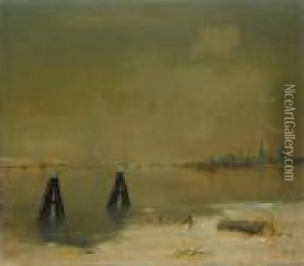 Winterliche Polder Landschaft 
Mit Verschneitem Ufer Und Stadtturmen Im Hintergrund (dordtrecht) Oil Painting - Victor Gilsoul