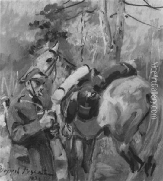 Soldier With His Horse Oil Painting - Woiciech (Aldabert) Ritter von Kossak