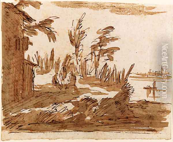 A View of the Lagoon with three Figures by a House, Venice in the background Oil Painting - Giovanni Domenico Tiepolo