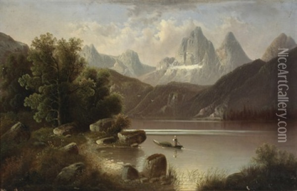 Summer On An Alpine Lake Oil Painting - August Peters