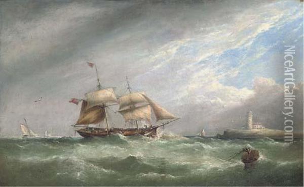 A Merchant Brig Heaving-to Off A Lighthouse Oil Painting - Henry King Taylor