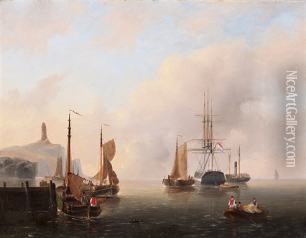 Ships In The Inner Harbour (+ Ships On The Zuiderzee; 2 Works) Oil Painting - Govert Van Emmerik
