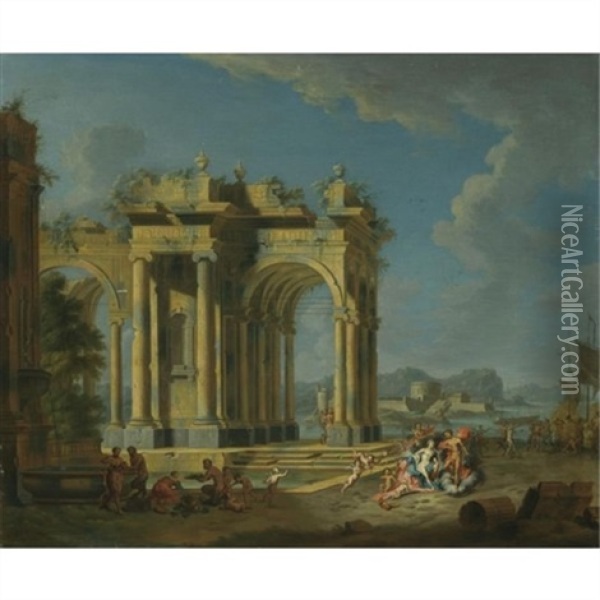 An Architectural Capriccio With Bacchus And Ariadne Oil Painting - Gennaro Greco