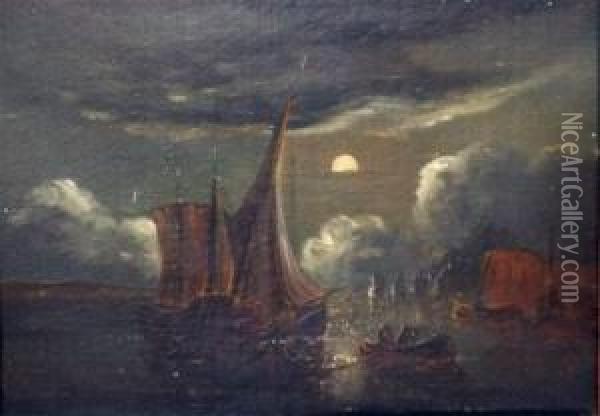 Moonlight Scene With Fishing Smacks At Moorings Oil Painting - Charles Morris