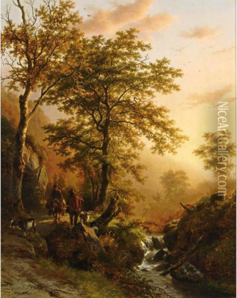Traveller And A Herdsman In A Mountainous Landscape Oil Painting - Barend Cornelis Koekkoek