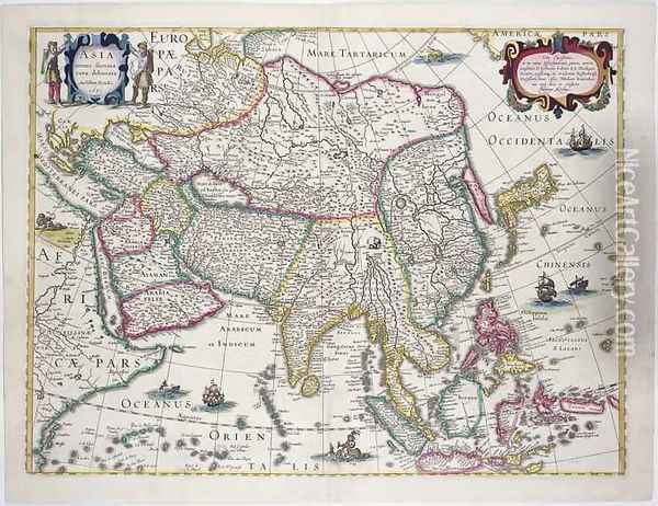 General map including Arabia Japan the Korean peninsula and the greater part of the Indonesian archipelago Oil Painting - Hendrik I Hondius