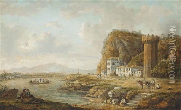 A River Landscape With A Ferry, Other Figures And A Donkey On The Bank, A Tower Beyond Oil Painting - William Marlow