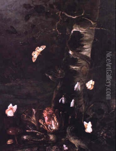 Nature Morte Aux Fleurs Et Animaux Dans Un Sous-bois Oil Painting - Otto Marseus van Schrieck