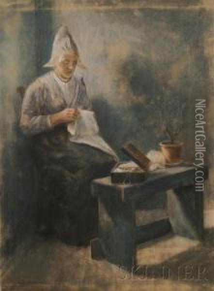 The Fishers Wife Handworking Oil Painting - Jacob Taanmann