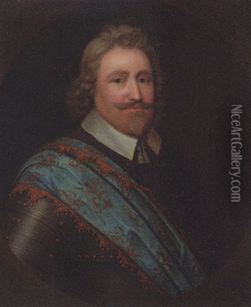 Portrait Of A Gentleman In Armour And A Blue Sash Oil Painting - Cornelis Jonson Van Ceulen