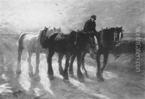 Plough Horses At Sunset Oil Painting - Harry Fidler