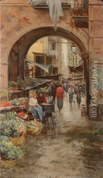 Rue Animee A Naples Oil Painting - Attilio Pratella