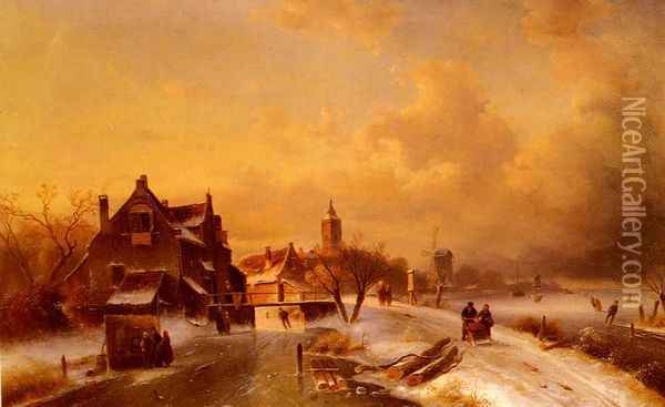 Winter and Summer Canal Scenes: A Pair of Paintings (Pic 1) Oil Painting - Charles Henri Joseph Leickert