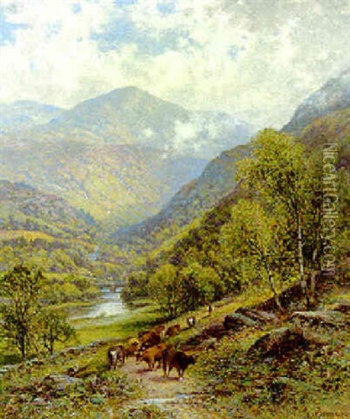A Mountainous River Landscape With A Drover And Cattle Oil Painting - Alfred Augustus Glendening Sr.