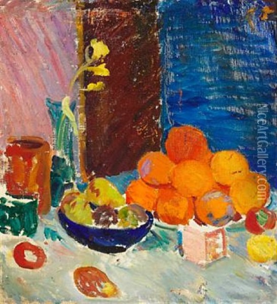 Nature Morte Med Paskeliljer, Appelsiner Og Aebler I Bla Skal (still Life With Daffodils, Oranges And Apples In Blue Bowl) Oil Painting - Karl Isakson