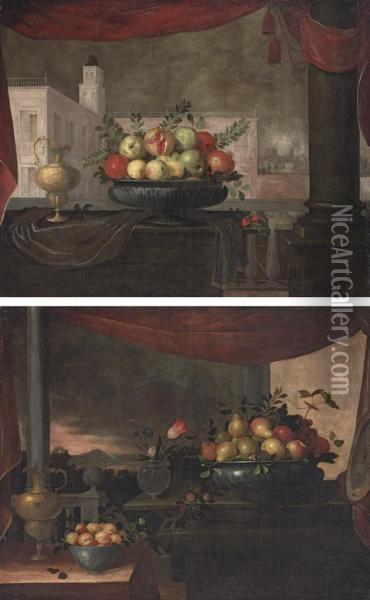 Pomegranates, Quince And Apples In A Pewter Tureen Oil Painting - Pedro de Camprobin
