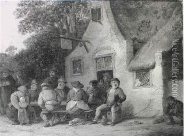 Peasants Gathered Around A Table Outside An Inn Oil Painting - Pieter de Bloot