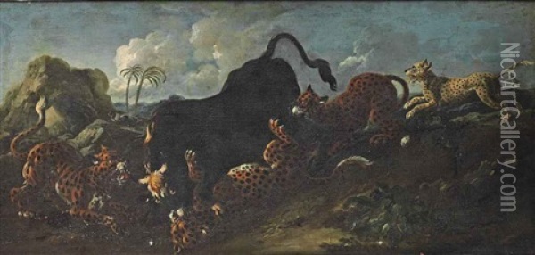 Leopards Attacking A Bull In A Landscape Oil Painting - Johann Heinrich Roos