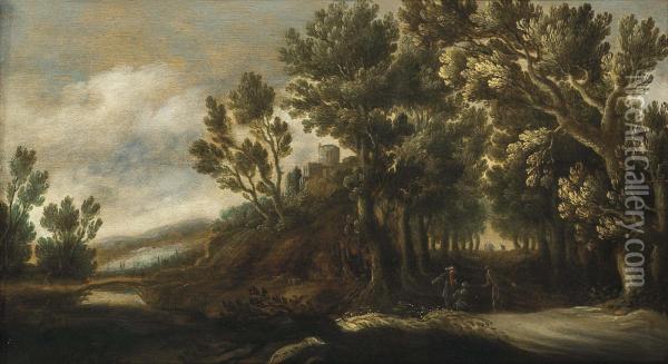 A Wooded Landscape With Figures On A Path, A Castle Beyond Oil Painting - Lucas Achtschellinck