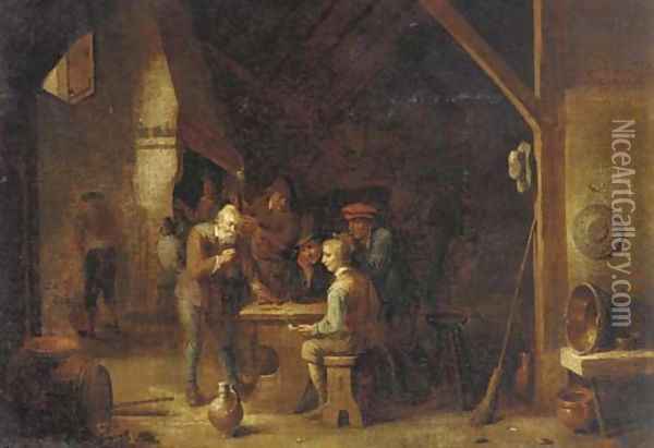 The interior of an inn with peasants smoking and conversing by a table Oil Painting - David The Younger Teniers