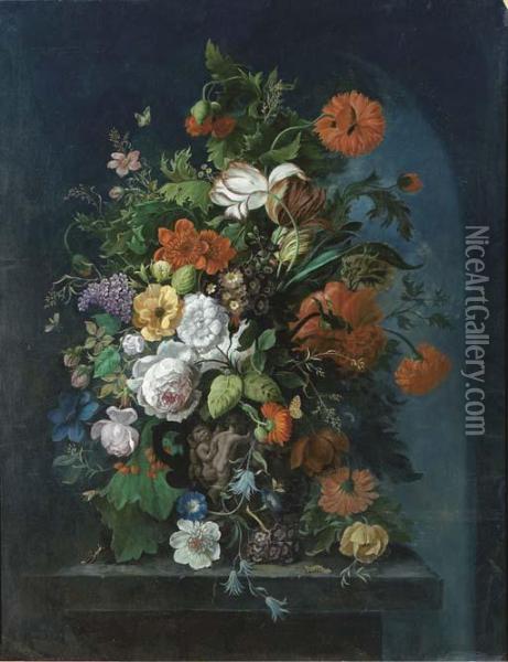 Roses, Tulips, Lilac, 
Convulvulus, Auriculas And Other Flowers Andinsects In An Ornamental Urn
 On A Plinth Oil Painting - Jan Van Huysum