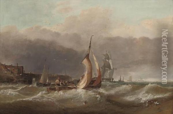 A Fishing Smack In A Heavy Swell At The Harbour Mouth Oil Painting - William Clarkson Stanfield