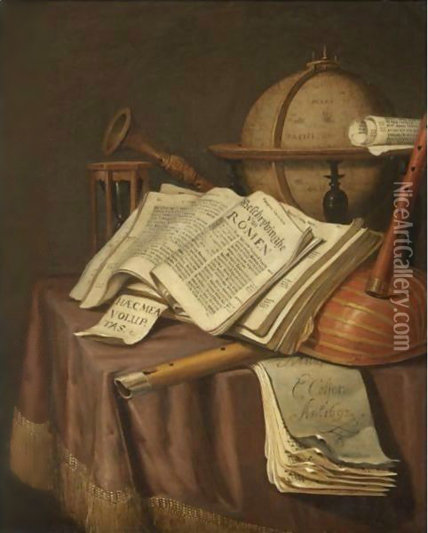 A Vanitas Still Life With A Globe, An Hour-Glass, A Book And A Score, Together With Various Other Musical Instruments Oil Painting - Edwart Collier