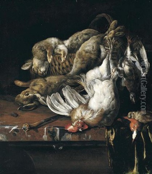 Still Life Od Rabbits On A Wicker Basket, A Bantam Cockerel, Partridge, Kingfisher And A Songbird, Together With A Knife Arranged Upon A Table-top Oil Painting - Melchior de Hondecoeter