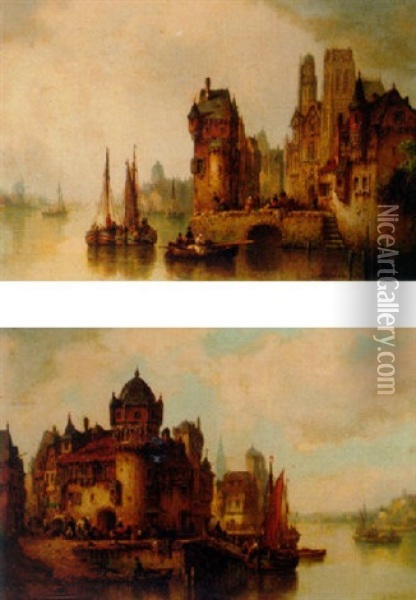 Town On The Rhein Oil Painting - Ludwig Hermann