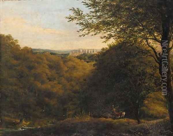 Deers in a wooded landscape, a hilltop castle beyond Oil Painting - William Havell