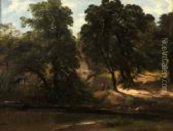 Two Figures On A River Bank By A Cottage Oil Painting - Frederick Richard Lee