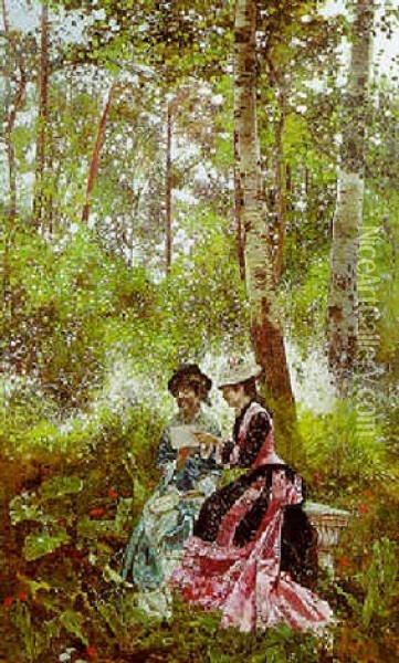La Confidence Dans Le Bois Oil Painting - Giovanni Battista Filosa
