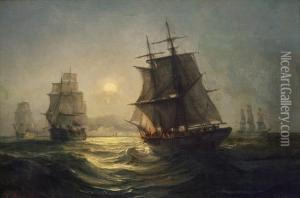 Seilskuter I Maneskinn 1865 Oil Painting - Johan Jacob Bennetter