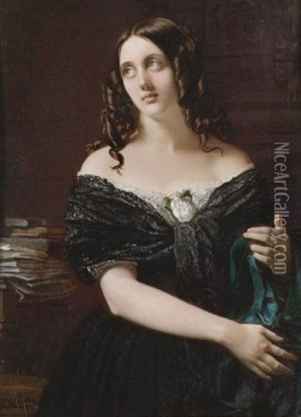 Mrs. Rashleigh, Standing In A Panelled Room, Wearing Black Silk Dress With White Lace Trim And Black Lace Shawl, A White Rose Corsage, Green Silk In Her Hands, Books And Papers On The Table Behind Her Oil Painting - Robert Thorburn