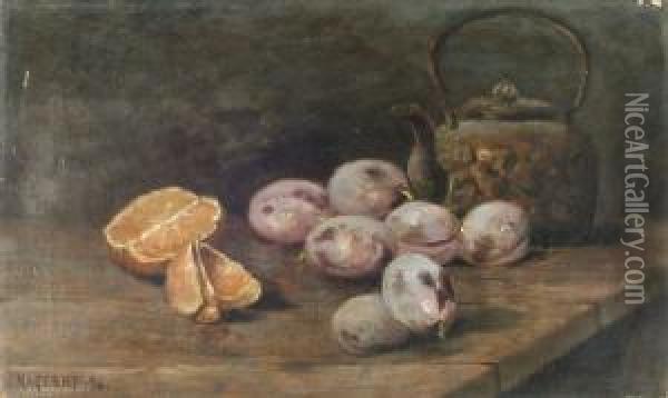 A Still Life With A Kettle, Plums And Oranges Oil Painting - Nels Hagerup