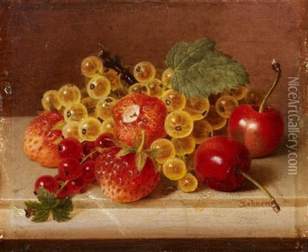Kleines Fruchtestillleben Mit Erdbeeren Und Kirschen Oil Painting - Jakob Lehnen